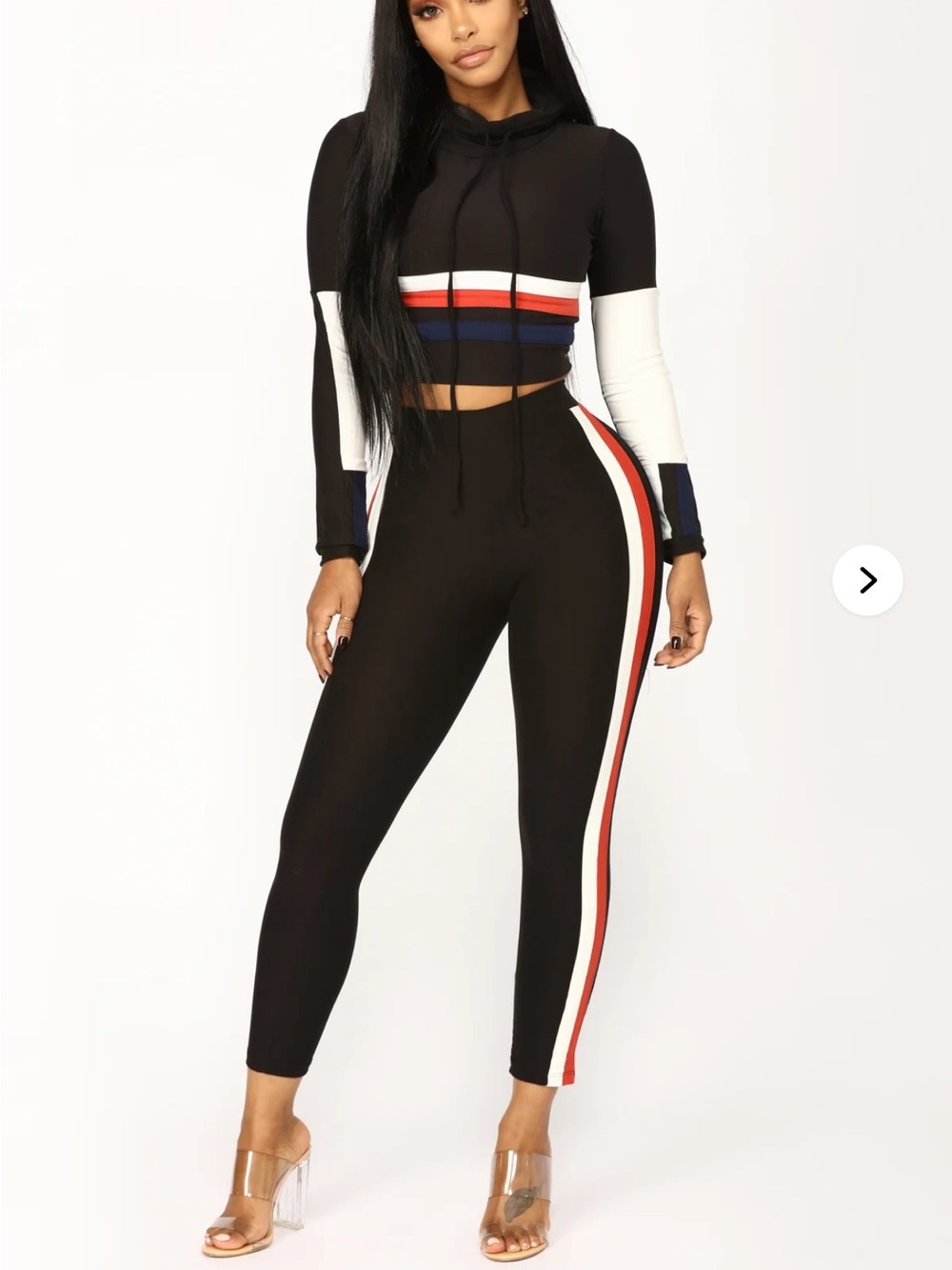 Fashion Nova Black High-Waist Leggings with Red, White & Blue Side Stripes & Top
